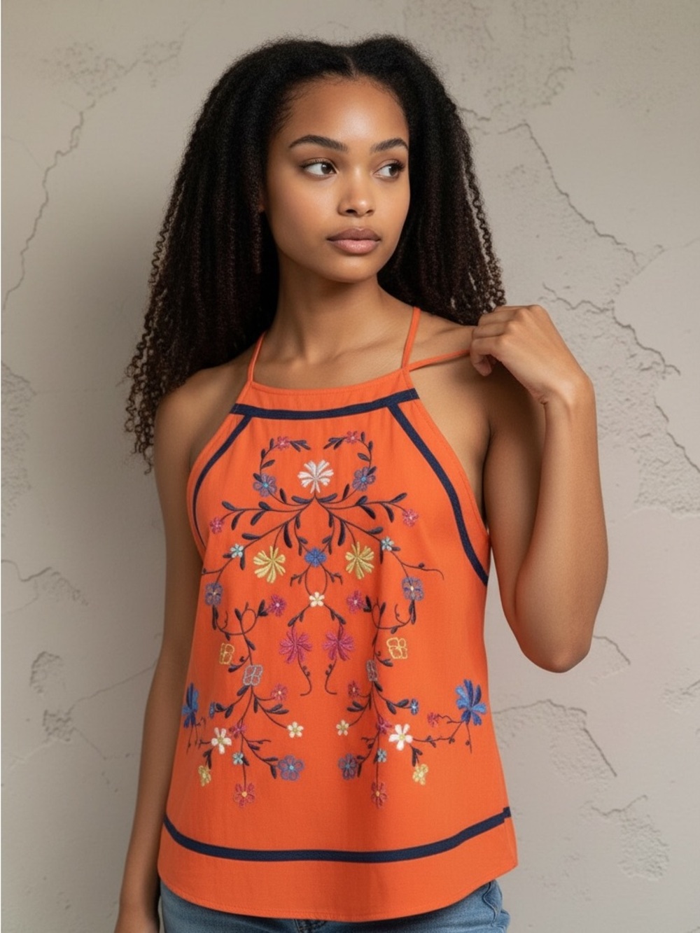 Embroidered Halter Tank Top - Orange - Excellent Condition